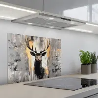 KitchenYeah Spatscherm 70x55 cm - Zelfklevende achterwand Abstract - Hert - Gewei - Goud - Keuken muurbeschermer - Spatwand fornuis