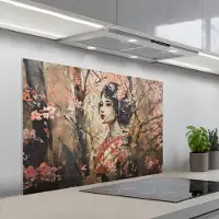 KitchenYeah Spatscherm 100x65 cm - Zelfklevende achterwand Kimono - Vrouw - kersenbomen - Keuken muurbeschermer - Spatwand fornuis