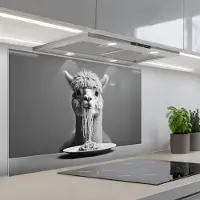 KitchenYeah Spatscherm 80x55 cm - Zelfklevende achterwand Alpaca - Pasta - Zwart - Wit - Grappig - Dieren - Keuken muurbeschermer - Spatwand fornuis
