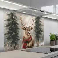 KitchenYeah Spatscherm 100x75 cm - Zelfklevende achterwand Winter - Bos - Rendier - Donker - Keuken muurbeschermer - Spatwand fornuis
