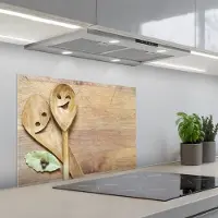 KitchenYeah Spatscherm 70x50 cm - Zelfklevende achterwand Hout - Lepels - Bruin - Smiley - Keuken muurbeschermer - Spatwand fornuis