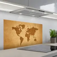 KitchenYeah Spatscherm 100x50 cm - Zelfklevende achterwand Wereldkaart - sepia silhouet - Keuken muurbeschermer - Spatwand fornuis