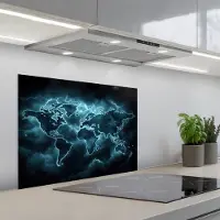 KitchenYeah Spatscherm 70x55 cm - Zelfklevende achterwand Wereldkaart - Bliksem - Blauw - Keuken muurbeschermer - Spatwand fornuis