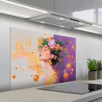 KitchenYeah Spatscherm 100x65 cm - Zelfklevende achterwand Abstract - Vrouw - Bloemenkroon - Goud - Keuken muurbeschermer - Spatwand fornuis