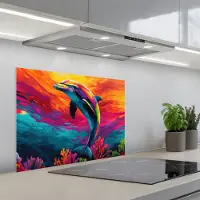 KitchenYeah Spatscherm 70x50 cm - Zelfklevende achterwand Dolfijn - Kleurrijk - Oceaan - Koraal - Keuken muurbeschermer - Spatwand fornuis