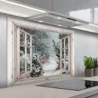 KitchenYeah Spatscherm 100x75 cm - Zelfklevende achterwand Bos - Winter - Bomen - Natuur - Pad - Doorkijk - Wit - Keuken muurbeschermer - Spatwand fornuis