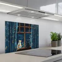 KitchenYeah Spatscherm 70x55 cm - Zelfklevende achterwand Kat - Sterrenhemel - Blauw - Keuken muurbeschermer - Spatwand fornuis