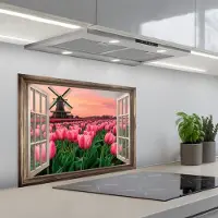 KitchenYeah Spatscherm 70x50 cm - Zelfklevende achterwand Doorkijk - Tulpen - Bloemen - Molen - Raam - Keuken muurbeschermer - Spatwand fornuis