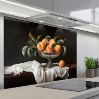 KitchenYeah Spatscherm 120x80 cm - Zelfklevende achterwand Stilleven - Perziken - Vintage - Keuken muurbeschermer - Spatwand fornuis