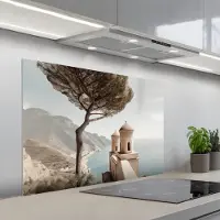 KitchenYeah Spatscherm 100x65 cm - Zelfklevende achterwand Kust - Klif - Boom - Gebouw - Keuken muurbeschermer - Spatwand fornuis