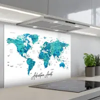 KitchenYeah Spatscherm 80x55 cm - Zelfklevende achterwand Wereldkaart - Blauw - Kleurrijk - Keuken muurbeschermer - Spatwand fornuis