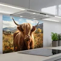 KitchenYeah Spatscherm 90x60 cm - Zelfklevende achterwand Schotse hooglander - Bloemen - Hoorns - Wolken - Keuken muurbeschermer - Spatwand fornuis