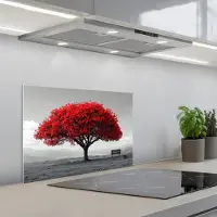 KitchenYeah Spatscherm 60x40 cm - Zelfklevende achterwand Boom - Rood - Natuur - Zwart wit - Keuken muurbeschermer - Spatwand fornuis