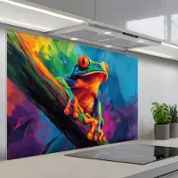 KitchenYeah Spatscherm 120x80 cm - Zelfklevende achterwand Kikker - Felgekleurd - Tak - Regenboog - Keuken muurbeschermer - Spatwand fornuis