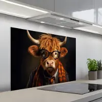 KitchenYeah Spatscherm 100x65 cm - Zelfklevende achterwand Schotse hooglander - Bril - Sjaal - Dier - Keuken muurbeschermer - Spatwand fornuis