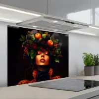 KitchenYeah Spatscherm 90x70 cm - Zelfklevende achterwand Vrouw - Zwart - Bessen - Bramen - Appels - Keuken muurbeschermer - Spatwand fornuis