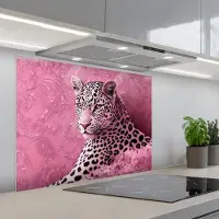 KitchenYeah Spatscherm 90x70 cm - Zelfklevende achterwand Panter - Luxe - Roze - Keuken muurbeschermer - Spatwand fornuis