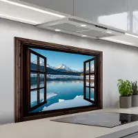 KitchenYeah Spatscherm 100x65 cm - Zelfklevende achterwand Doorkijk - Winterlandschap - Meer - Bergen - Uitzicht - Keuken muurbeschermer - Spatwand fornuis