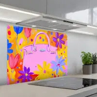KitchenYeah Spatscherm 80x60 cm - Zelfklevende achterwand Tas - Roze - Bloemen - Keuken muurbeschermer - Spatwand fornuis