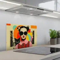 KitchenYeah Spatscherm 60x40 cm - Zelfklevende achterwand Meisje - Zonnebril - Kat - Retro - Keuken muurbeschermer - Spatwand fornuis