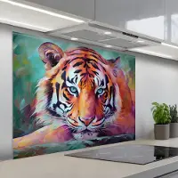 KitchenYeah Spatscherm 100x75 cm - Zelfklevende achterwand Tijger - Olieverf - Dieren - Kunst - Keuken muurbeschermer - Spatwand fornuis
