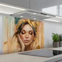 KitchenYeah Spatscherm 90x60 cm - Zelfklevende achterwand Vrouwen - Portret - Luxe - Goud - Keuken muurbeschermer - Spatwand fornuis