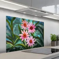 KitchenYeah Spatscherm 100x65 cm - Zelfklevende achterwand Bloemen - Roze - Glasmozaïek - Keuken muurbeschermer - Spatwand fornuis