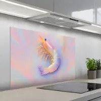 KitchenYeah Spatscherm 100x65 cm - Zelfklevende achterwand Garnaal - Subtiele structuur - Blauw - Roze - Keuken muurbeschermer - Spatwand fornuis