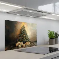 KitchenYeah Spatscherm 70x50 cm - Zelfklevende achterwand Kerstboom - Cadeaus - Goud - Keuken muurbeschermer - Spatwand fornuis