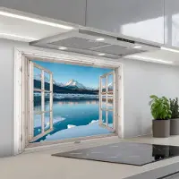 KitchenYeah Spatscherm 80x60 cm - Zelfklevende achterwand Landschap - Winter - Meer - Bergen - Uitzicht - Doorkijk - Licht - Keuken muurbeschermer - Spatwand fornuis