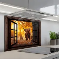 KitchenYeah Spatscherm 80x60 cm - Zelfklevende achterwand Schotse hooglander - Bos - Herfst - Dieren - Natuur - Bladeren - Doorkijk - Keuken muurbeschermer - Spatwand fornuis