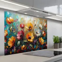 KitchenYeah Spatscherm 100x75 cm - Zelfklevende achterwand Bloemen - Verf - Kunst - Modern - Keuken muurbeschermer - Spatwand fornuis