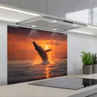 KitchenYeah Spatscherm 90x70 cm - Zelfklevende achterwand Walvis - Zon - Zee - Keuken muurbeschermer - Spatwand fornuis