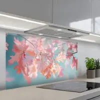 KitchenYeah Spatscherm 120x60 cm - Zelfklevende achterwand Eikenbladeren - Takken - Roze - Keuken muurbeschermer - Spatwand fornuis