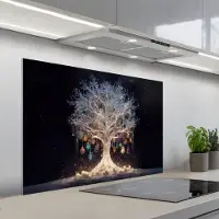 KitchenYeah Spatscherm 100x65 cm - Zelfklevende achterwand Sneeuwboom - Lichtjes - Wit - Kleurrijk - Keuken muurbeschermer - Spatwand fornuis