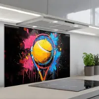 KitchenYeah Spatscherm 90x60 cm - Zelfklevende achterwand Graffiti - Tennis - Sport - Racket - Keuken muurbeschermer - Spatwand fornuis