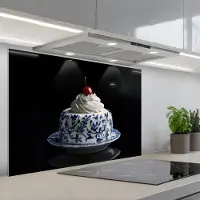 KitchenYeah Spatscherm 90x60 cm - Zelfklevende achterwand Taart - Slagroom - Kers - Bord - Delfts blauw - Keuken muurbeschermer - Spatwand fornuis