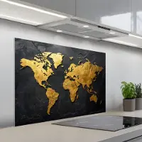 KitchenYeah Spatscherm 100x65 cm - Zelfklevende achterwand Wereldkaart - Goud - Steen - Keuken muurbeschermer - Spatwand fornuis