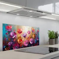 KitchenYeah Spatscherm 80x40 cm - Zelfklevende achterwand Bloemen - Paars - Kleurrijk - Handgeschilderd - Kunst - Keuken muurbeschermer - Spatwand fornuis