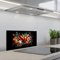 KitchenYeah Spatscherm 60x30 cm - Zelfklevende achterwand Groente - Peper - Knoflook - Graffiti - Verf - Kleurrijk - Keuken muurbeschermer - Spatwand fornuis
