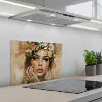 KitchenYeah Spatscherm 60x40 cm - Zelfklevende achterwand Vrouw - Bloemen - Goud - Portret - Keuken muurbeschermer - Spatwand fornuis