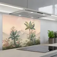 KitchenYeah Spatscherm 90x60 cm - Zelfklevende achterwand Tropisch landschap - palmbomen - Bloemen - Roze lucht - Keuken muurbeschermer - Spatwand fornuis