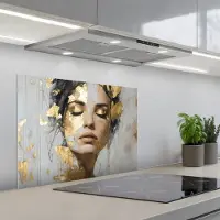 KitchenYeah Spatscherm 70x55 cm - Zelfklevende achterwand Sierlijk - Vrouw - Goud - Ogen - Keuken muurbeschermer - Spatwand fornuis