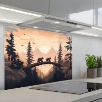 KitchenYeah Spatscherm 90x60 cm - Zelfklevende achterwand Beren - Bomen - Landschap - Zonsondergang - Keuken muurbeschermer - Spatwand fornuis