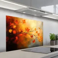 KitchenYeah Spatscherm 100x65 cm - Zelfklevende achterwand Herfstbladeren - Oranje - Abstract - Herfsttakken - Natuur - Keuken muurbeschermer - Spatwand fornuis