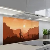 KitchenYeah Spatscherm 120x60 cm - Zelfklevende achterwand Landschap - Woestijn - Cactussen - Zon - Keuken muurbeschermer - Spatwand fornuis