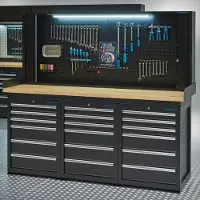 Datona Werkbank PRO 200 cm - eiken - 18 lades en afsluitbare gatenbordkast - Zwart