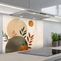 KitchenYeah Spatscherm 90x60 cm - Zelfklevende achterwand Vormen - Rond - Bladeren - Beige - Keuken muurbeschermer - Spatwand fornuis