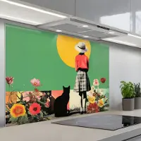 KitchenYeah Spatscherm 120x80 cm - Zelfklevende achterwand Retro - Meisje - Kat - Zon - Keuken muurbeschermer - Spatwand fornuis
