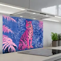 KitchenYeah Spatscherm 90x60 cm - Zelfklevende achterwand Tijger - Roze - Bladeren - Jungle - Keuken muurbeschermer - Spatwand fornuis